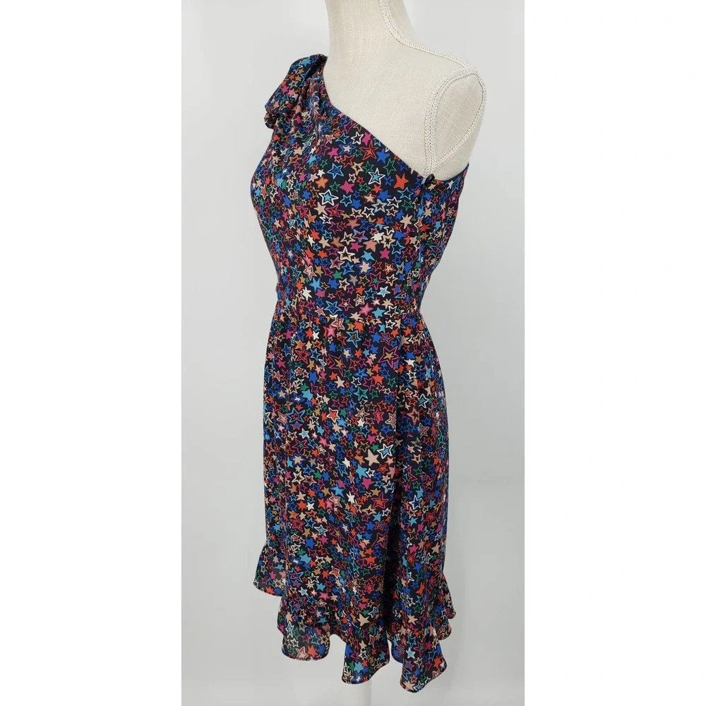 J Crew One Shoulder Dress 0 Kaleidoscope Star A Line Ruffle Hem Navy‎ Blue H2660